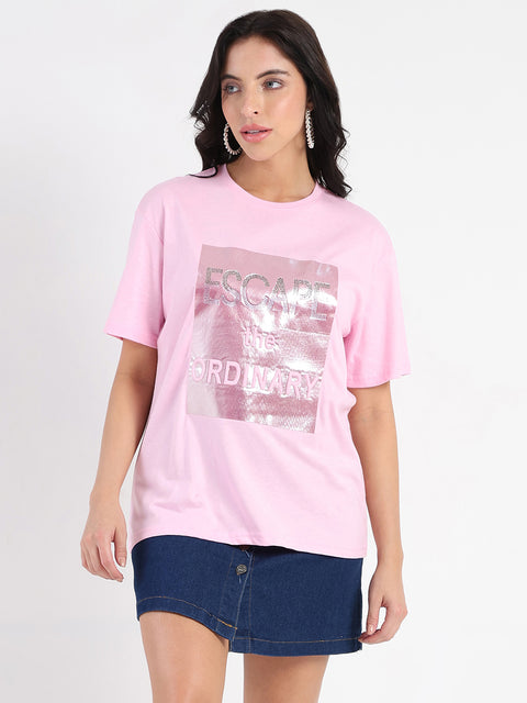 Madame Swarovski Detailed Graphic Print Pink Cotton T-shirt