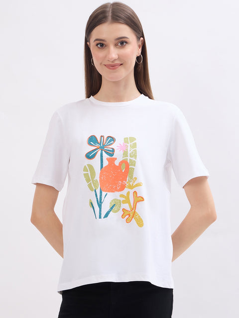 Madame Floral Print White Cotton T-Shirt