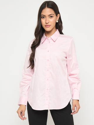 Madame Buttoned Front Solid Cotton Blend Baby Pink Shirt