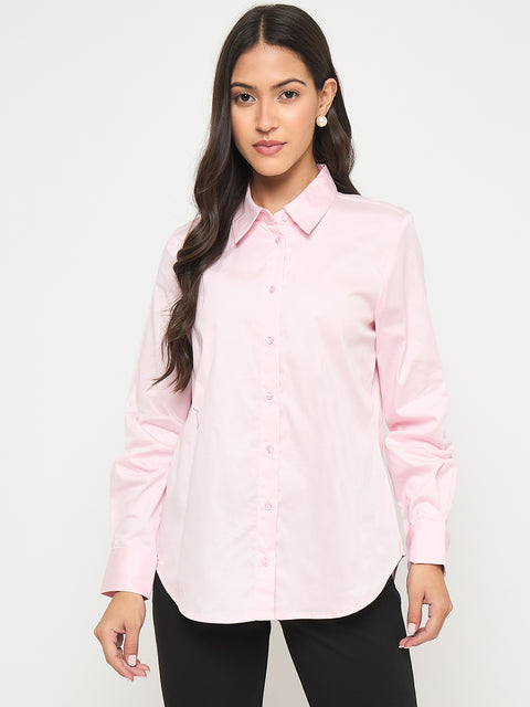 Madame Buttoned Front Solid Cotton Blend Baby Pink Shirt