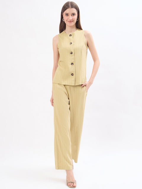 Madame Beige Rayon Blend Striped Formal Co-ord Set