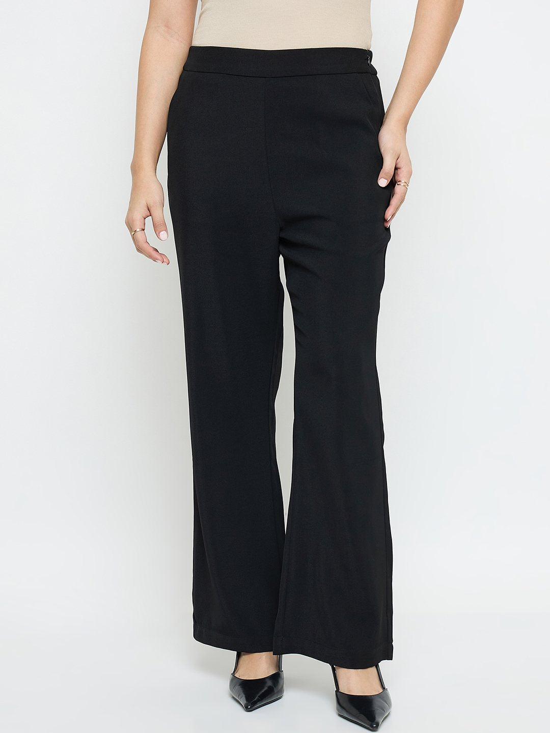 Madame Solid Straight Fit Black Trousers color swatch
