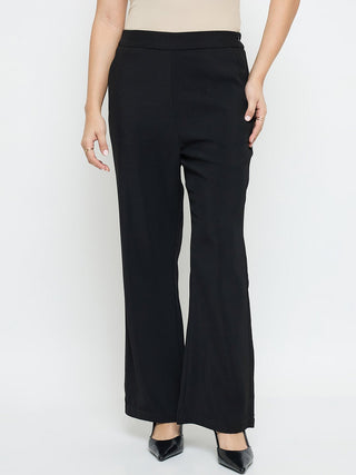 Madame Solid Straight Fit Black Trousers