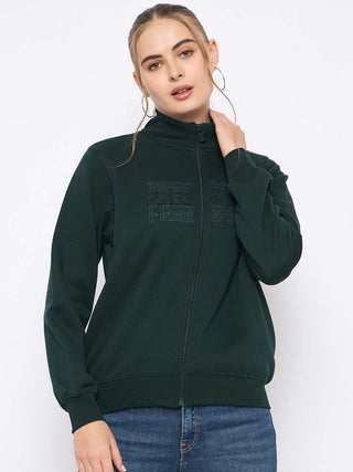 Madame Fleece Embroidery Detailed Turtleneck Bottle Green Sweatshirt