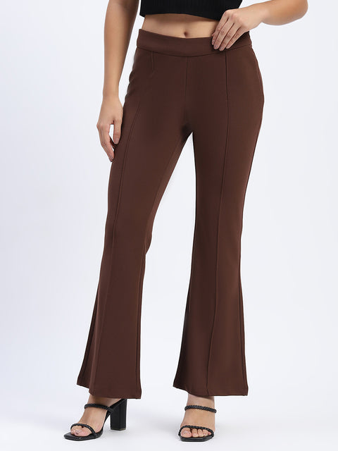 Madame Single Pleated Brown Flared Trousers