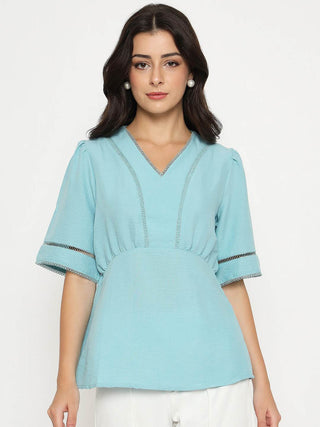 Madame V Neck Sea Green Peplum Top