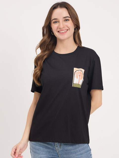 Madame Black Printed Cotton Round Neck T-Shirt