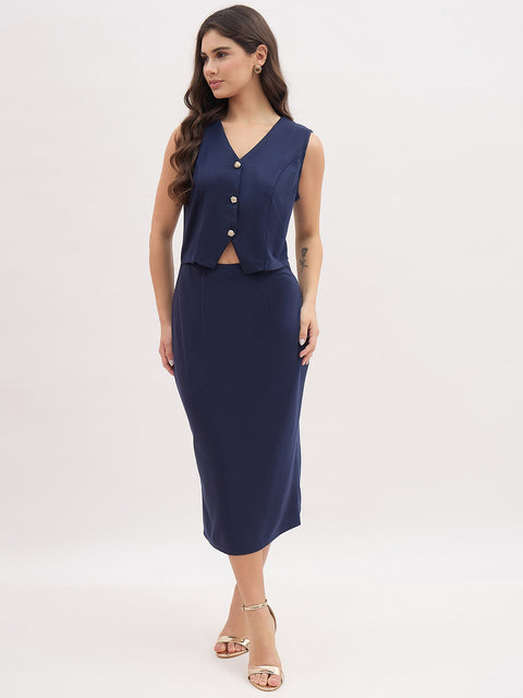 Madame Blue Rayon Blend Vest Coat Dress