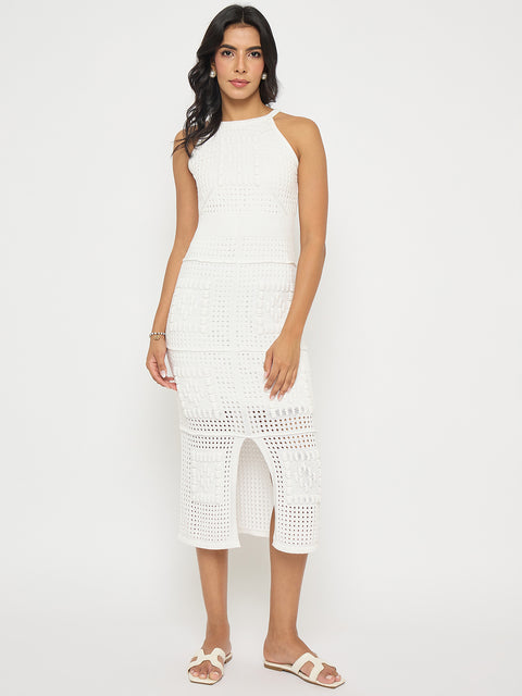 Madame Geometric Pattern Halter Neck White Midi Dress