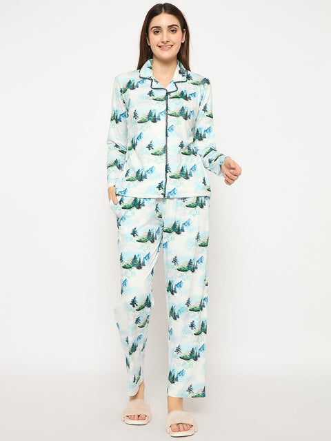 mSECRET Botanical Print Notch Lapel Top and Bottom Teal Night Suit