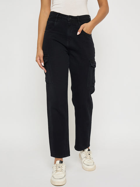 Madame Multi Pocketed Black Straight Cotton Denim Cargo