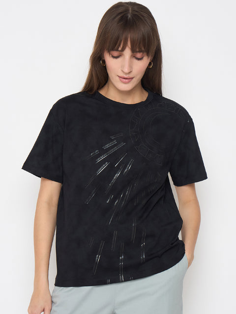 Madame Swarovski Detailed Graphic Print Charcoal Black Tshirt