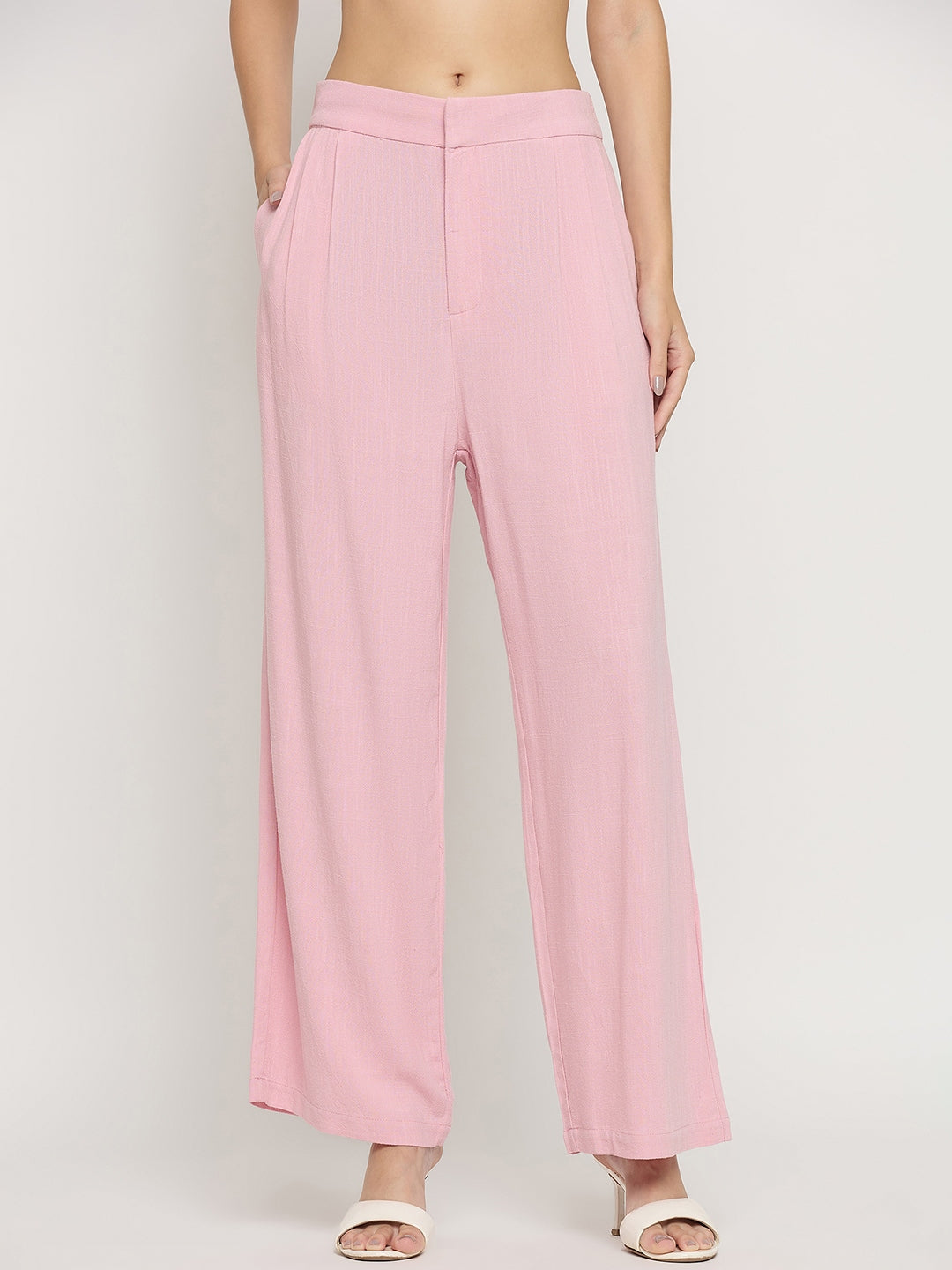 Madame Pink Rayon Linen Relaxed Fit Full Length Trousers color swatch