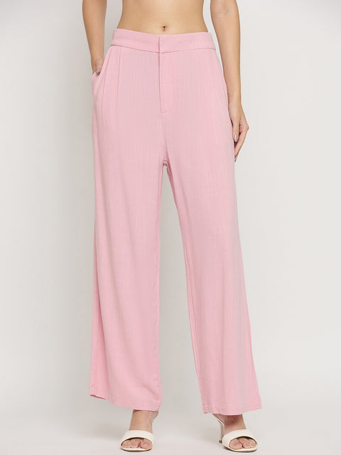 Madame Pink Rayon Linen Relaxed Fit Full Length Trousers