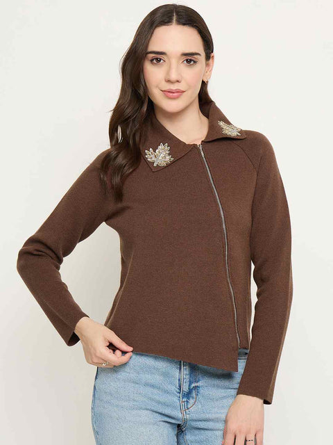Madame Embroidered Collar Asymmetric Brown Sweater