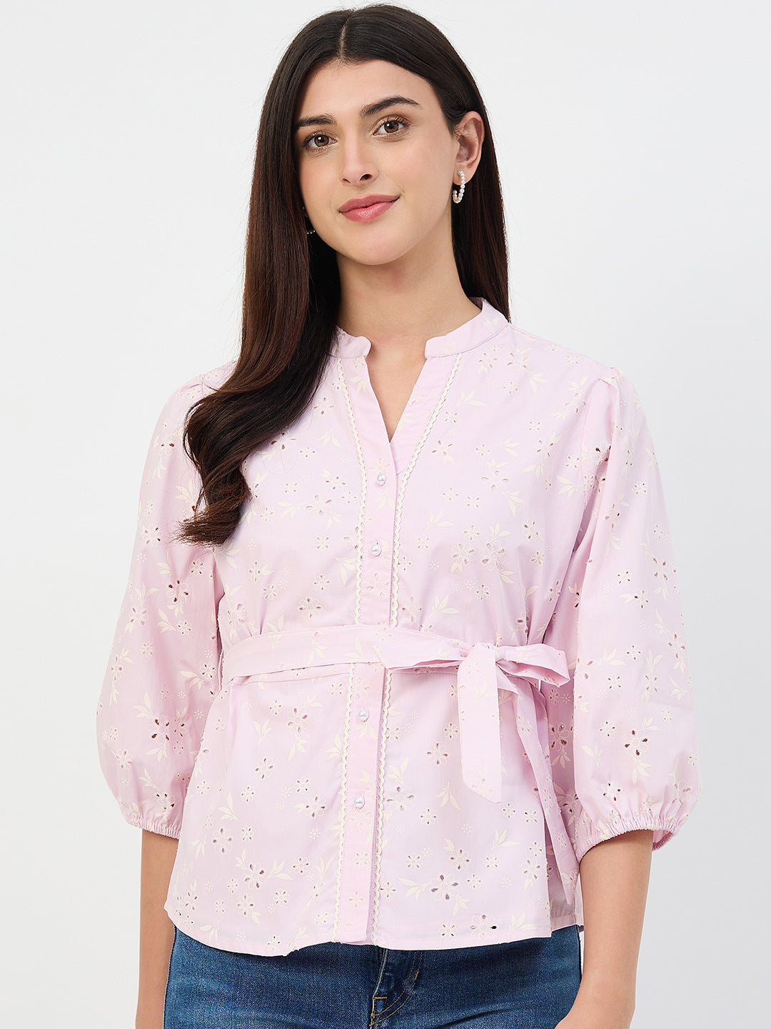 Madame Pink Belted Cotton Mandarin-Collar Top color swatch