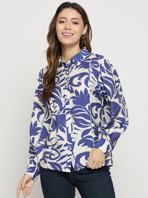 Madame Blue Rayon Full Sleeve Midi Shirt