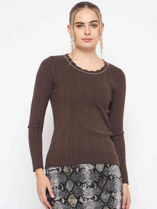 Madame Scalloped Neck Solid Brown Sweater