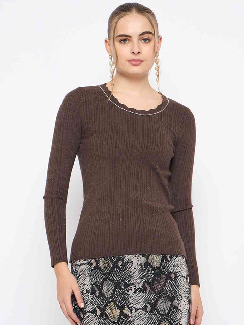 Madame Scalloped Neck Solid Brown Sweater