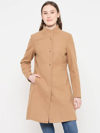 Madame Stand Collar Beige Long Coat with Buttons