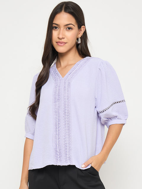 Madame Lace Detailed V-Neck Solid Lilac Knit Top