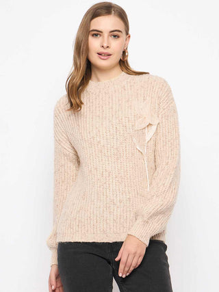 Madame Flower Applique Beige Sweater