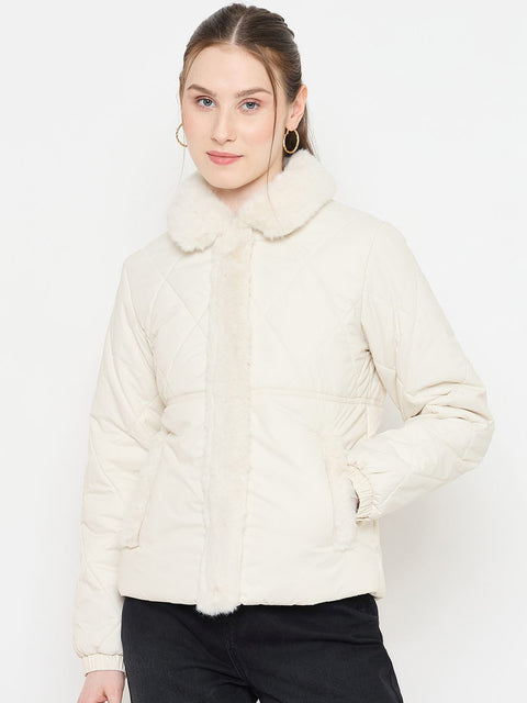 Madame Faux Fur Collar Off White Quilted Jacket