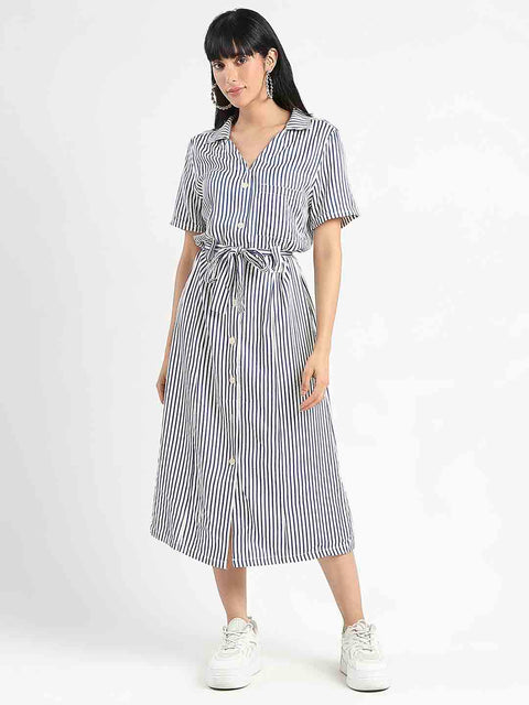 Madame Striped Navy Blue Midi Shirt Dress