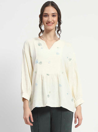 Madame Embroidered Boho Cotton Beige Top