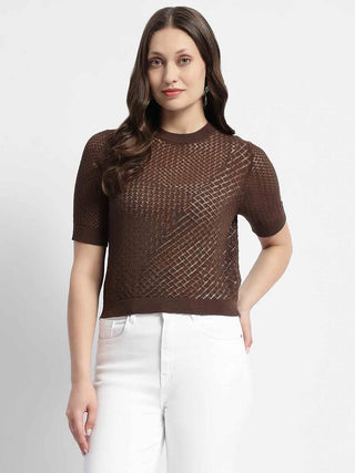 Madame Crew Neck Brown Knit Top