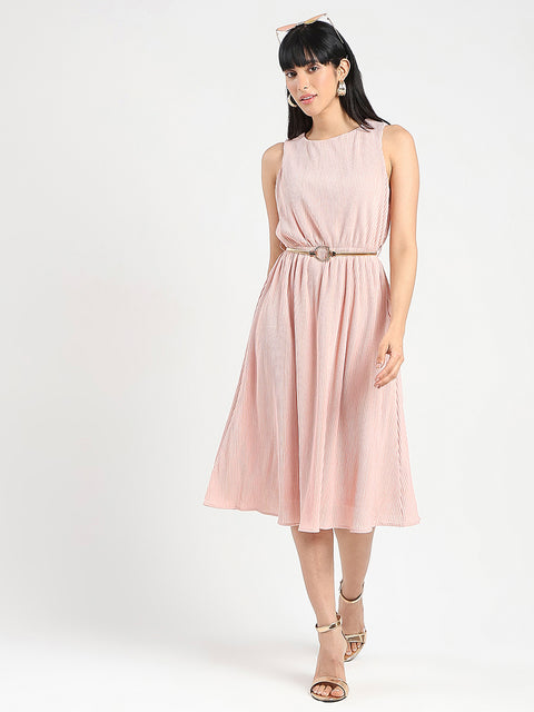 Madame Metallic Self-Design Pleated Beige Flared Maxi Dress