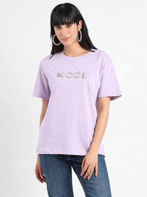 Madame Embellished Typography Lilac Cotton T-Shirt