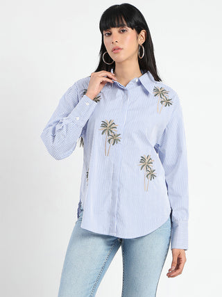 Madame Striped with Placement Embroidery Blue Cotton Shirt