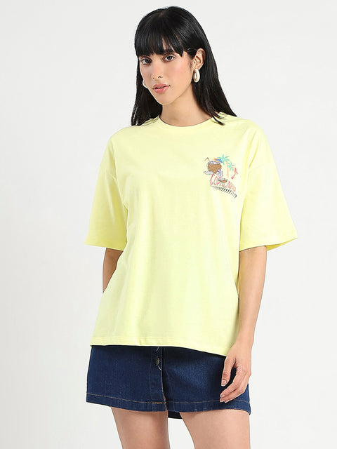 Madame Graphic Print Detailed Yellow Cotton T-shirt