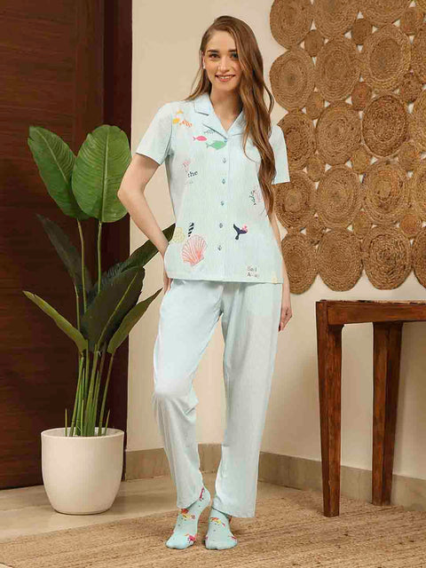 mSECRET Notch Collar Top and Bottoms Turquoise Cotton Night Suit