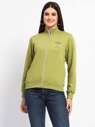 Madame Typography Print Zipped Olive Green Sweatshirt