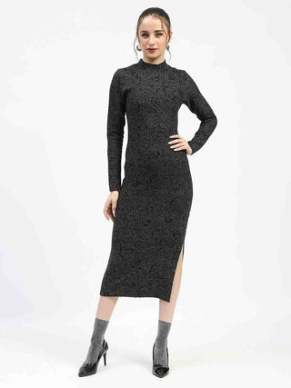 Madame Black Textured Bodycon Dress with Long Sleeves Sweater