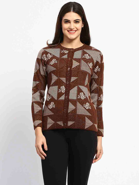 Madame Crew Neck Geometric Print Brown Cardigan