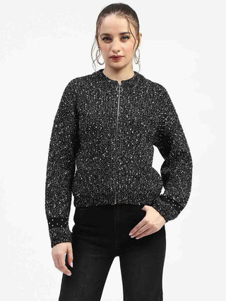 Madame Black Speckled Pullover Sweater with Half-Zip