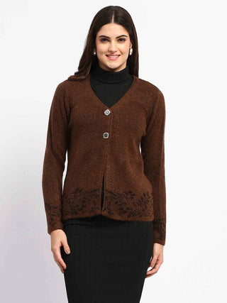 Madame Cable Knit Botanical Print Buttoned Brown Cardigan