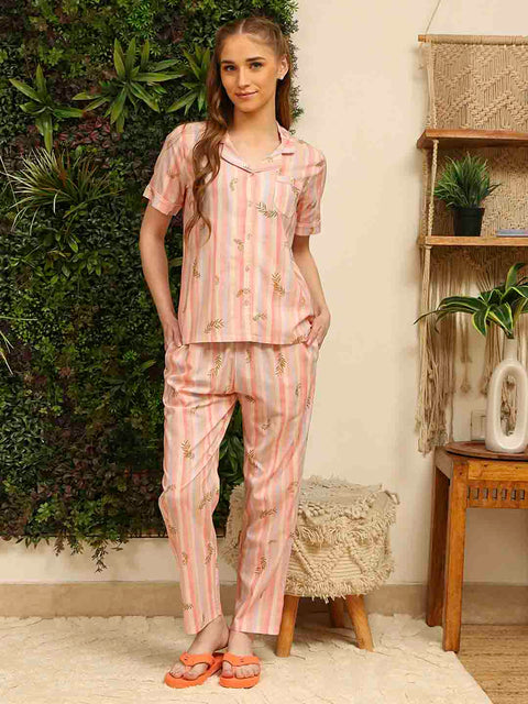 mSECRET Rayon Striped and Bottom Peach Night Suit