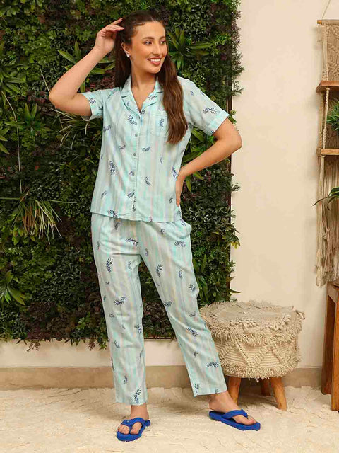 mSECRET Rayon Striped Top and Bottom Aqua Blue Night Suit