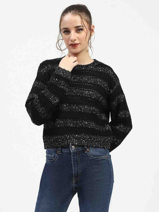 Madame Black Striped Cropped Sweater with Sparkle Detailing