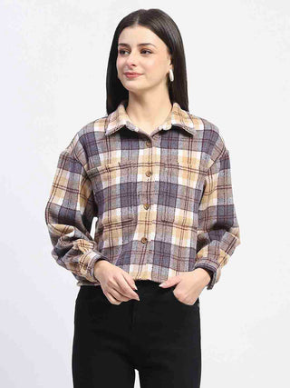 Madame Chequered Loose Fit Grey Crop Shacket