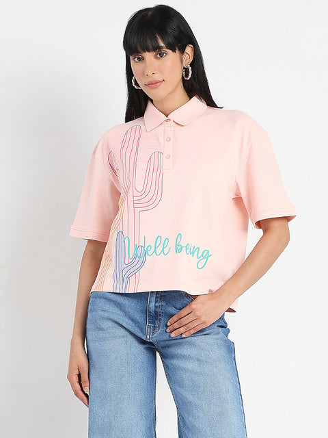 Madame Graphic Print Cotton Blend Peach Polo T-shirt