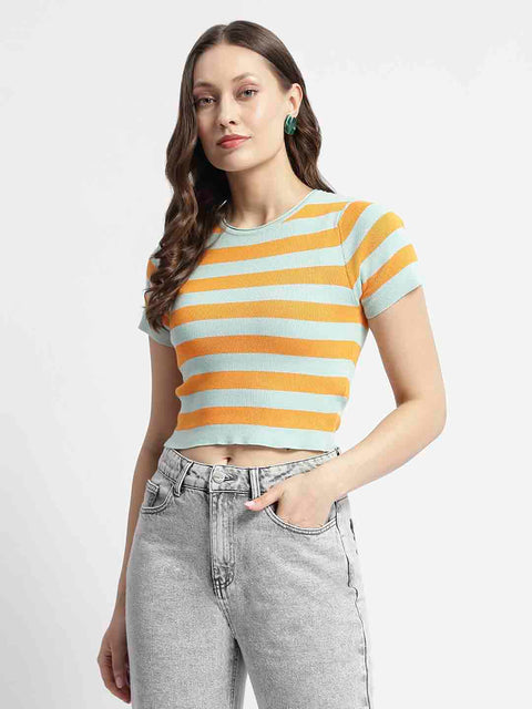 Madame Crew Neck Orange Striped Half Sleeve Crop Top