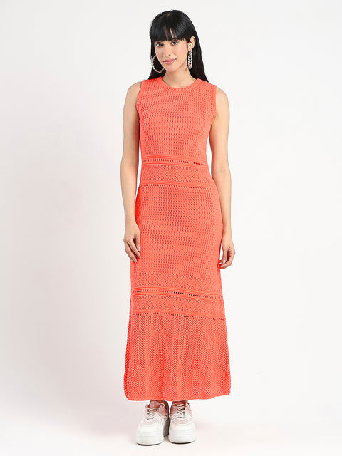 Madame Textured Panels Geometric Hem Coral Red Maxi Dress