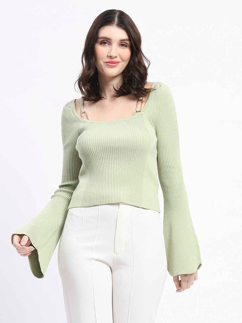 Madame Metal Accented Flounce Sleeve Mint Green Knit Top