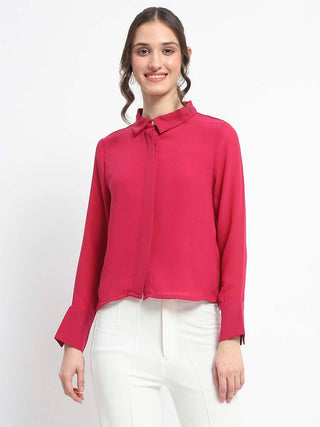 Madame Embellished Button Down Solid Hot Pink Shirt