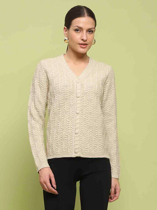 Madame Cable Knit V Neck Beige Cardigan